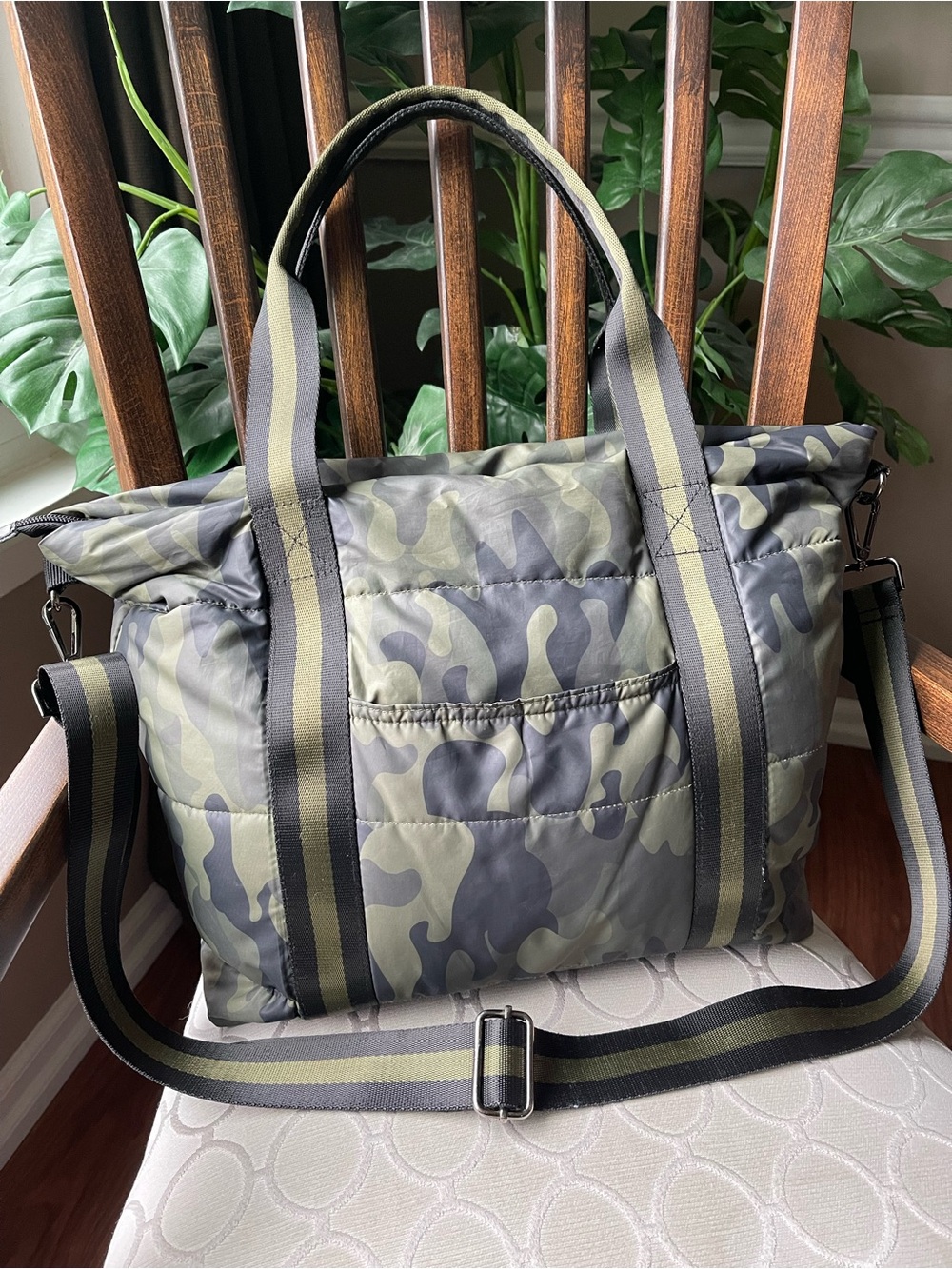 Haute Shore Camouflage Quilted Puffer Tote Bag with Striped Strap - Green